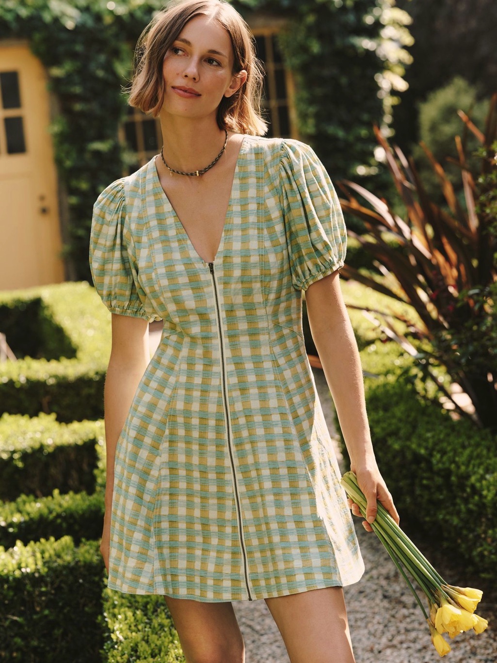 Nwt Pilcro Calder Green Plaid Linen-Blend Front-Zip Mini Dress, Size Medium